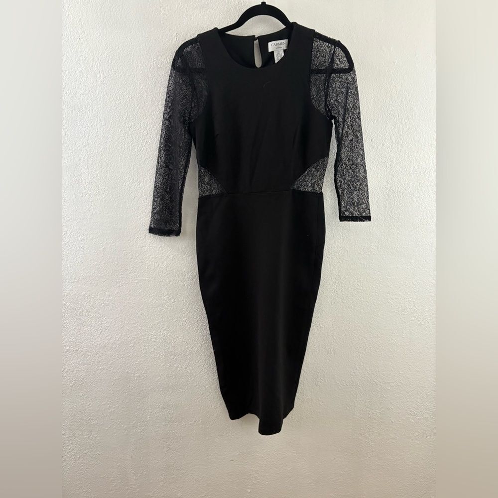 Carmen Marc Valvo Black Sheath Lace Cutouts Sheer formal Dress size M